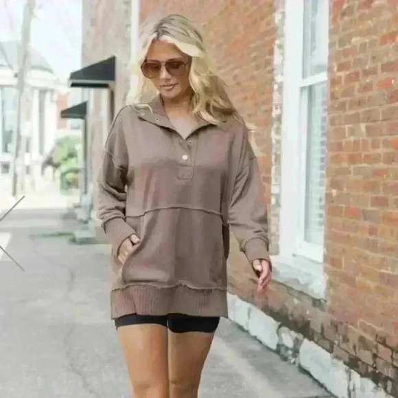 Pink Lily Just Go With It Brown Oversized Henley Pullover Quarter Button 2XL - Picture 1 of 10